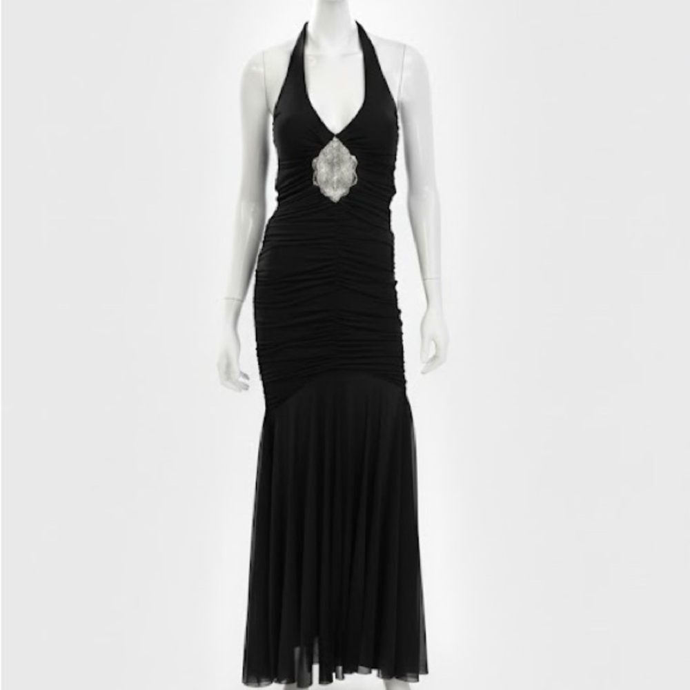 Cache Black Halter Ruched Rhinestone Embellished Vintage Mermaid Maxi Dress